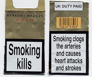 The front and back of a UK cigarette packet (i...
